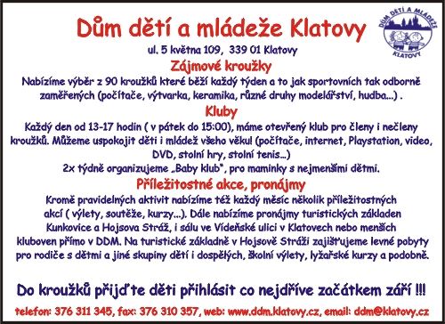DŮM DĚTÍ A MLÁDEŽE KLATOVY